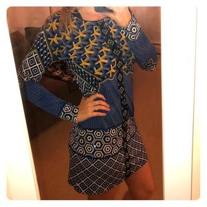 Blue Long Sleeve Patterned Dress